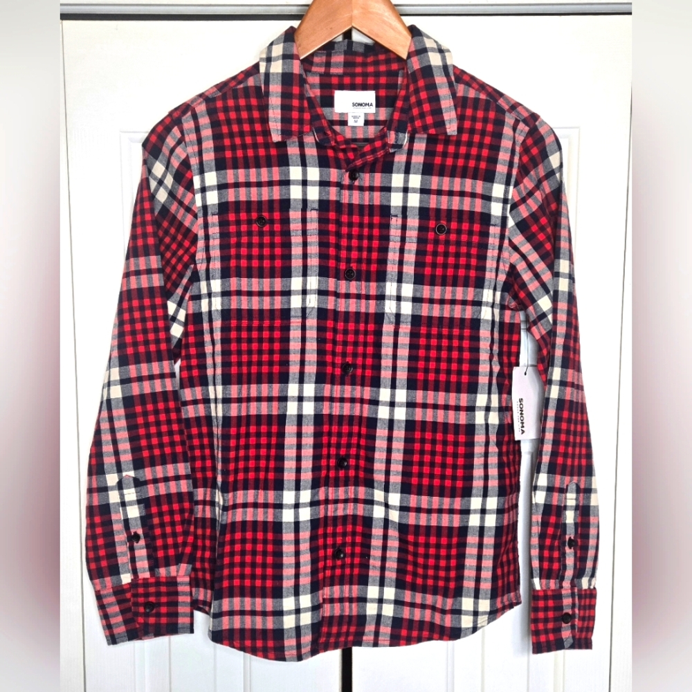Sonoma Boys Classic Red Blue Beige  Plaid Flannel Long Sleeve Shirt Size Medium